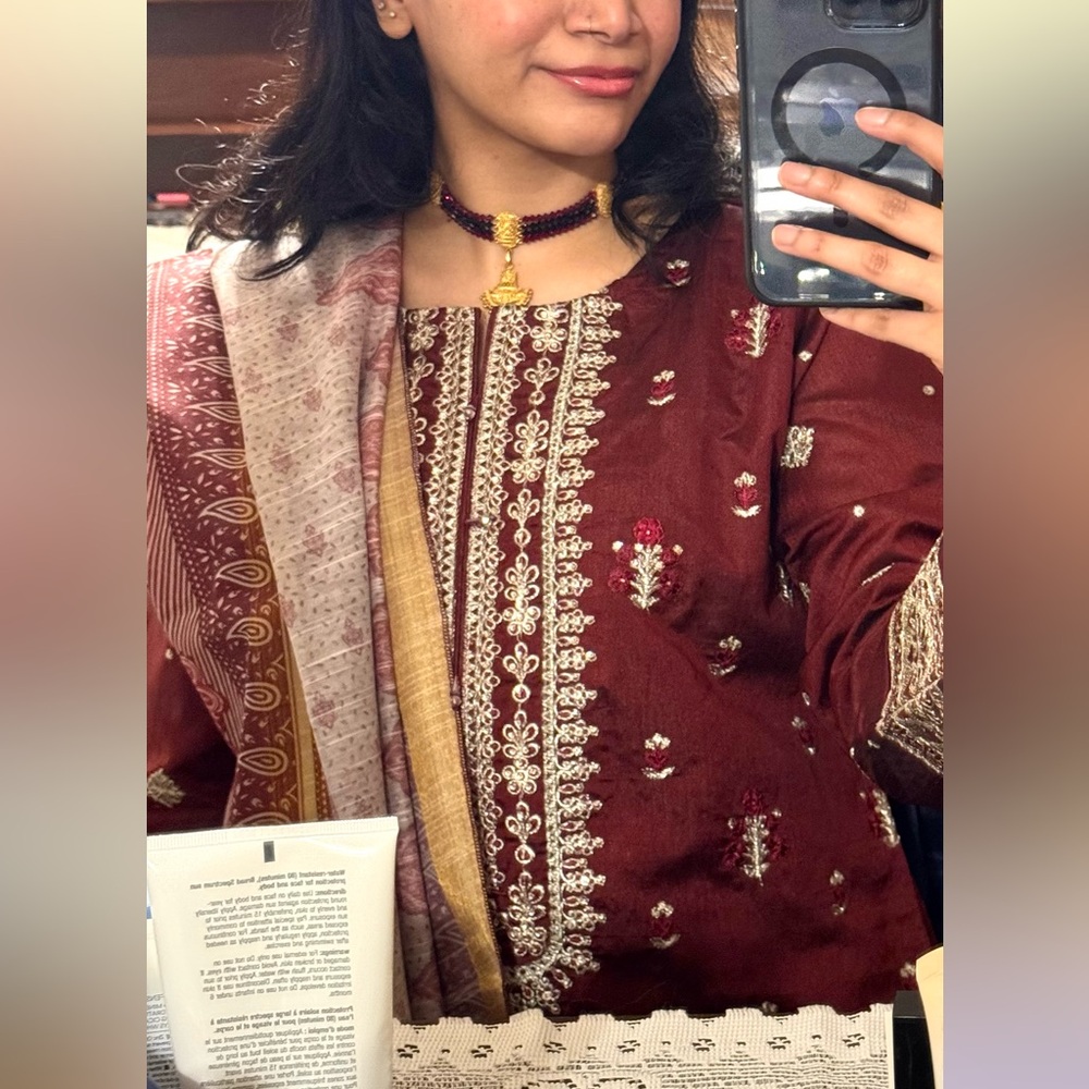 Elegant South Asian Maroon Embroidered Kurta with Dupatta and Pants